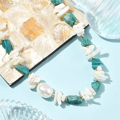 Raw Natural Amazonite & Shell Chip Beaded Necklaces with Oval Shell Pearl for Women NJEW-JN06587-1