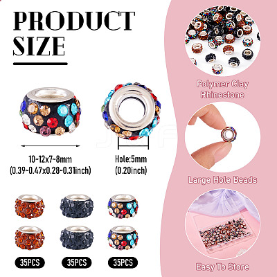 105Pcs 3 Colors Polymer Clay Rhinestone European Beads CPDL-TA0001-02-1