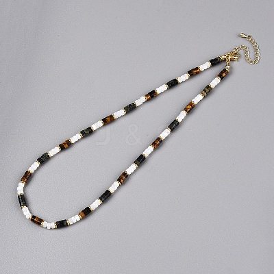 Column Natural Tiger Eyes & Kambaba Jasper & White Shell Beaded Necklaces for Women NJEW-T017-01G-1