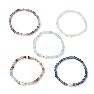 Natural Mixed Gemstone Cube Beads Stretch Bracelets for Women BJEW-JB13179-1