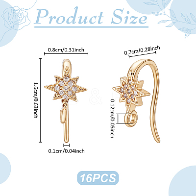16Pcs Brass Micro Pave Clear Cubic Zirconia Star Earring Hooks KK-UN0005-98-1