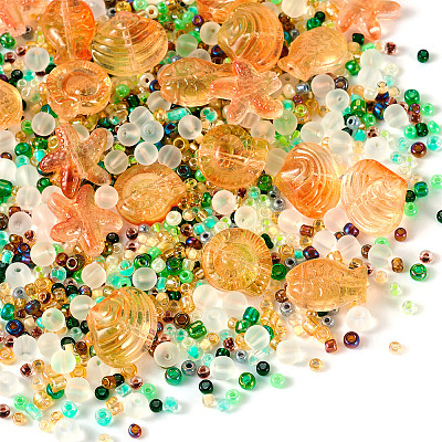 2 Bags Ocean Theme Paint Glass Beads FIND-TA0002-24A-1