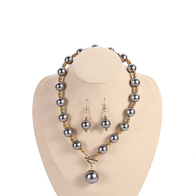 Plastic Imitation Pearl Round Beaded Pendant Necklaces & Dangle Earrings & Bracelets Sets for Women WG180C3-02-1