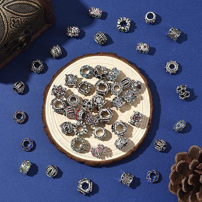 50Pcs 10 Styles Antique Silver Plated Metal Alloy Rhinestone European Beads ALRI-YW0001-29-1