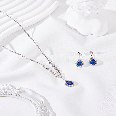 Brass Rhinestone Pendant Necklace & Stud Earring Sets SJEW-LP0001-51A-1