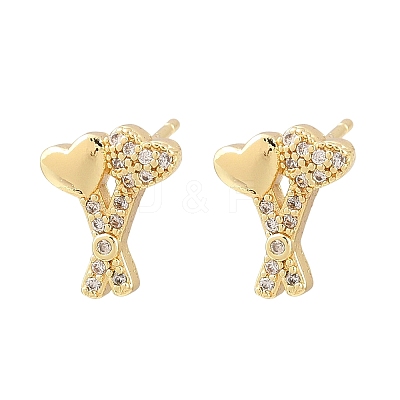 Brass Micro Pave Clear Cubic Zirconia Heart Stud Earrings EJEW-F400-28C-G-1
