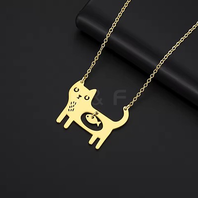 304 Stainless Steel Holow Cute Cat with Fish Pendant Necklaces for Women WGEC842-02-1