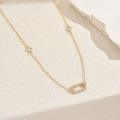 French Alloy Pave Clear Cubic Zirconia Hollow Geometric Oval Link Chain Long Necklaces for Women Party Casual QU7479-1