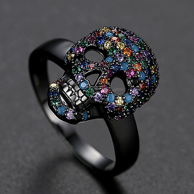 Cubic Zirconia Skull Finger Ring SKUL-PW0002-032A-02EB-1