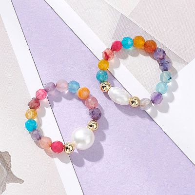 Adjustable Natural Cultured Freshwater Pearl & Natural Agate Finger Rings RJEW-JR00967-1