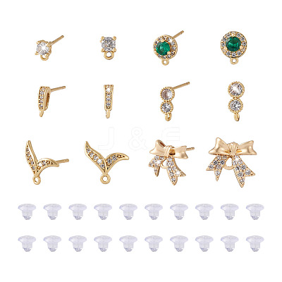 12Pcs 6 Style Brass Micro Pave Cubic Zirconia Stud Earring Findings KK-FW0001-10-1