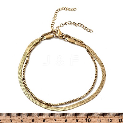 304 Stainless Steel Flat Snake Chain & Box Chain Double Layer Anklets for Women AJEW-F069-02G-1