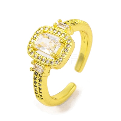 Rectangle Brass Micro Pave Clear Cubic Zirconia Open Cuff Ring for Women RJEW-U003-12G-1