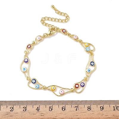 Brass Enamel Flat Round Evil Eye Link Chain Bracelets for Women BJEW-G764-01G-02-1