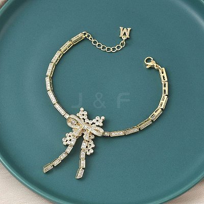Bowknot Brass Micro Pave Cubic Zirconia Link Chain Bracelets for Women BJEW-A279-01G-1