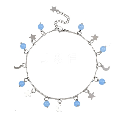 201 Stainless Steel Moon Star & Natural Dyed Malaysia Jade Round Charm Brass Bar Link Chain Anklets AJEW-AN00732-02-1