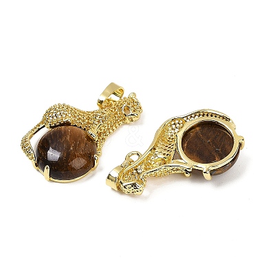 Natural Tiger Eye Ball with Leopard Shape Brass Pendants KK-F887-04G-27-1