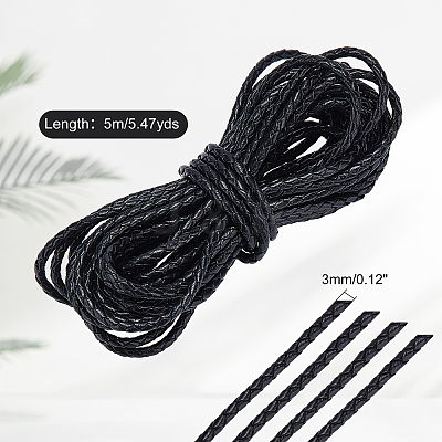 Diameter 3mm Black Round Folded Bolo Genuine Braided Leather Cords for Necklace Bracelet Jewelry Making WL-PH0002-01A-1