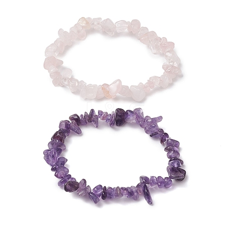 2Pcs 2 Style Natural Rose Quartz & Amethyst Chips Beaded Stretch Bracelets Set BJEW-JB11088-1