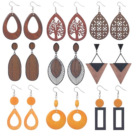 SUNNYCLUE 9 Pair 9 Style Teardrop & Rectangle & Triangle Natural Wood Dangle Earrings Set EJEW-SC0001-35-1