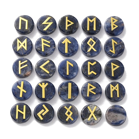 Brass Elder Futhark Alphabet Engraved Symbol Flat Round Natural Sodalite Rune Stones G-I373-01J-1