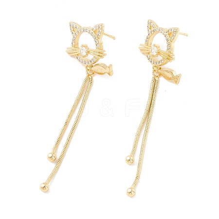 Clear Cubic Zirconia Cat and Fish with Long Tassel Dangle Stud Earrings EJEW-K090-02G-1