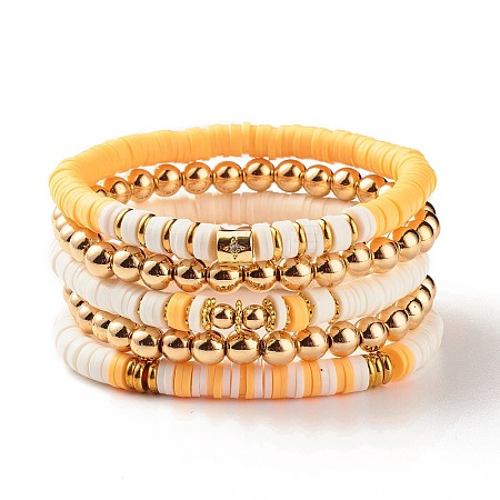 5Pcs 5 Style Polymer Clay Heishi Surfer Stretch Bracelets Set with Synthetic Hematite BJEW-SZ0002-43A-1