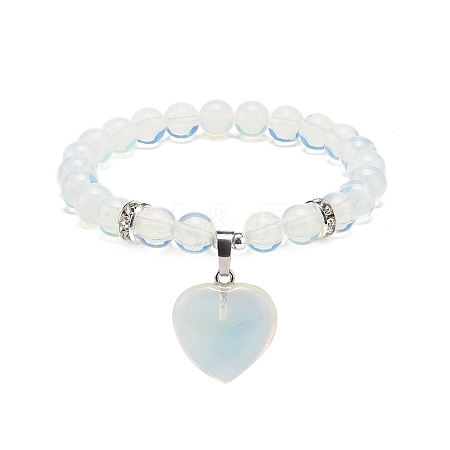 Opalite Round Beaded Stretch Bracelet with Heart Charm BJEW-JB09019-01-1