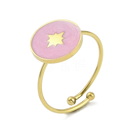 Ion Plating(IP) Flat Round with Star 304 Stainless Steel Enamel Ring RJEW-A038-16G-03-1