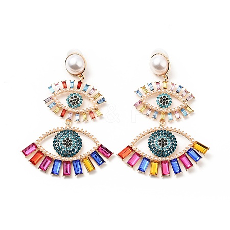 Rhinestone Double Evil Eye Dangle Stud Earrings with Acrylic Pearl Beaded LS-EJEW-J045-03A-KCG-1