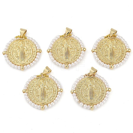 Saint Benedict Medal Brass & ABS Plastic Pearl Pendants KK-U032-10G-1