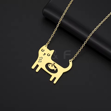 304 Stainless Steel Holow Cute Cat with Fish Pendant Necklaces for Women WGEC842-02-1