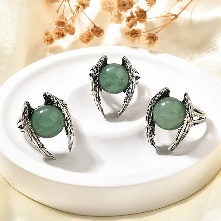 Natural Green Aventurine Wings Adjustable Rings RJEW-K241-04AS-12-1