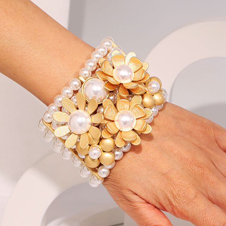 Flower Alloy & ABS Plastic Pearl Bangles for Women FS-WG764D9-01-1