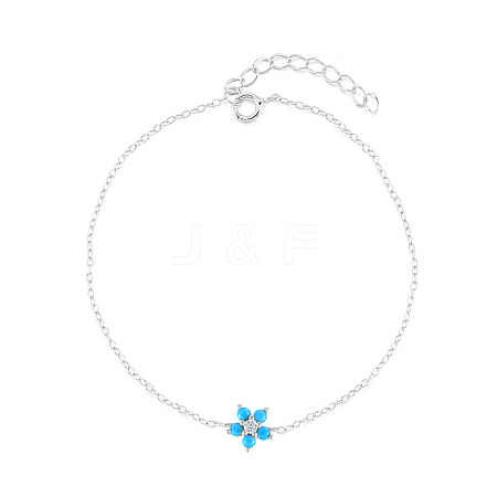 925 Sterling Silver Cubic Zirconia & Synthetic Turquoise Flower Link Bracelets XT0862-4-1