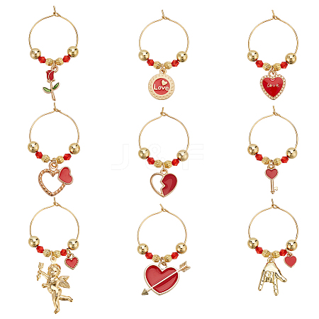 9Pcs 9 Styles Valentine's Day Acrylic Wine Glass Charms AJEW-GO00049-1