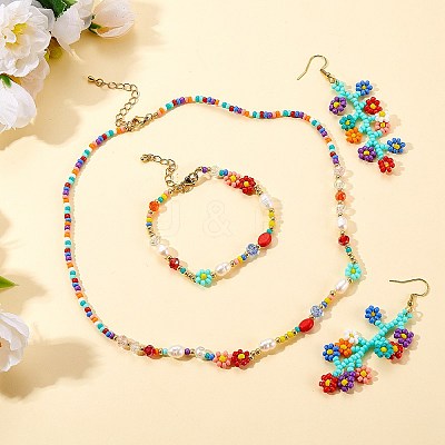 Natural Pearl & Glass Seed Beaded Necklace & Bracelet & Dangle Earrings SJEW-SW00008-1