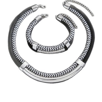 Alloy Polyester Black White Necklace & Bracelet Set FS-WG59022-02-1