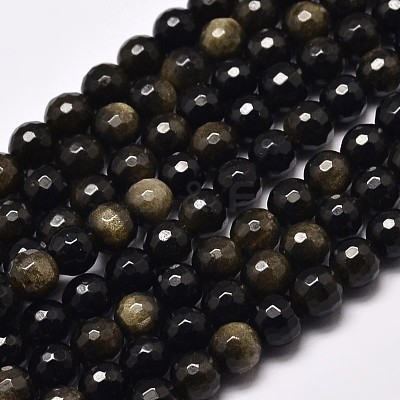 Faceted Round Natural Golden Sheen Obsidian Beads Strands G-I176-39-6mm-1