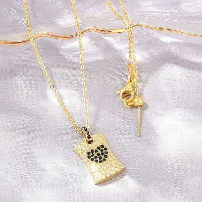 Brass Micro Pave Cubic Zirconia Rectangle with Heart Pendant Adjustable Slider Necklaces KK-CBA4547-08G-1