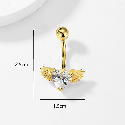 Stylish Heart with Angel Wings 201 Stainless Steel Pave Clear Cubic Zirconia Belly Button Ring for Women Men KH5304-1
