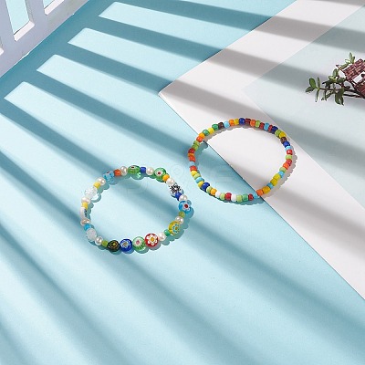 2Pcs 2 Style Natural Pearl & Lampwork Flower & Glass Seed Beaded Stretch Bracelets Set for Women BJEW-JB09101-1