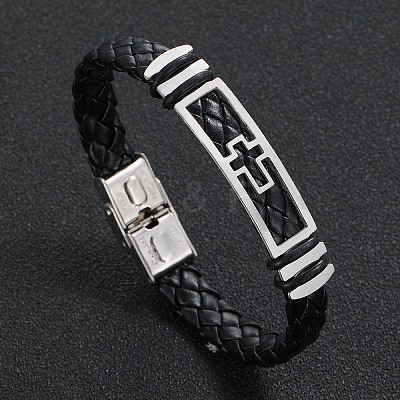 Hollow Corss Link Bracelet with Leather Cords PW-WG26645-01-1