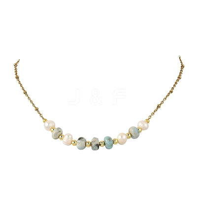 Rondelle Natural Larimar & Natural Cultured Freshwater Pearl Beaded Necklaces with 304 Stainless Steel Satellite Chains NJEW-JN06641-1