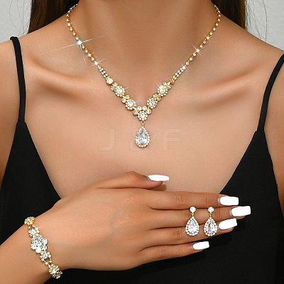 Teardrop & Flower Alloy Crystal Rhinestone Pendant Necklace & Stud Dangle Earrings & Bracelets Sets FS-WGA0F52-04-1