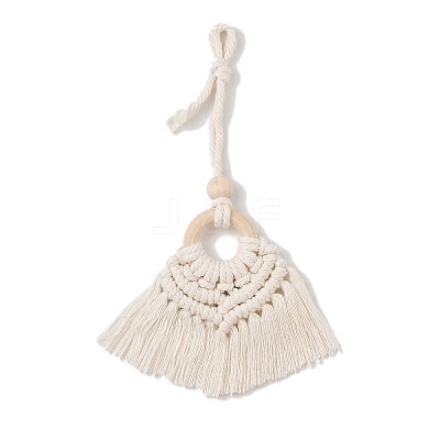 Handmade Macrame Nylon Thread Pendant Decorations with Wood Beads HJEW-P019-03A-1