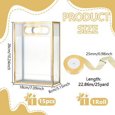 15Pcs Rectangle Frosted Transparent PP Plastic Storage Bags with 1 Roll Polyester Ribbon ABAG-UN0001-08-1