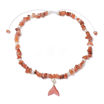 Natural South Red Agate Chip & Imitaton Round Pearl Beaded Adjustable Necklaces NJEW-JN05227-06-1