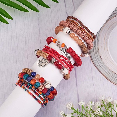 5Pcs 5 Style Wood & Glass Seed & Acrylic Beaded Stretch Bracelets Set with Baseball JB709A-1