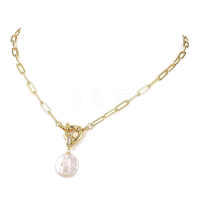 Natural Baroque Pearl Keshi Pearl Coin Pendant Brass Paperclip Chain Necklaces for Women NJEW-JN06143-1